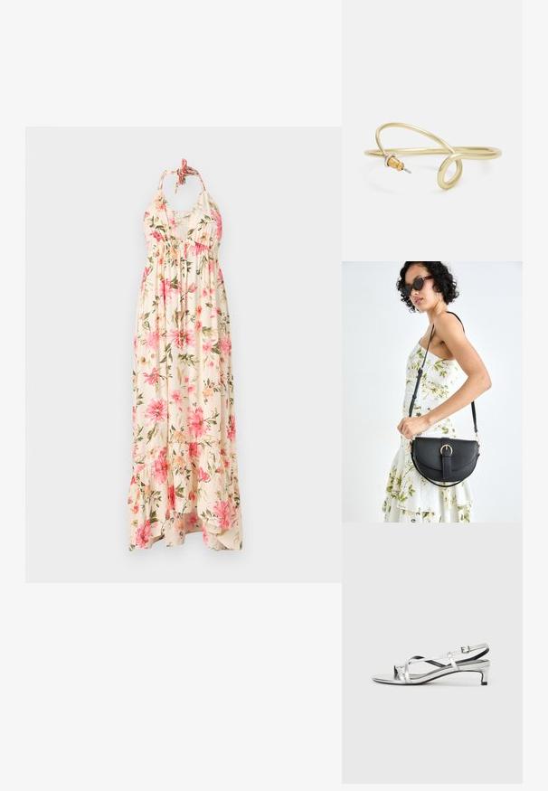 Floral maxi dress in cream with pink and green flower patterns. Features a halter neckline and a tiered hem for a flowy silhouette.; Silver metallic slingback sandal with a low heel, featuring crisscross straps and a smooth texture. Minimalistic design.; Black leather handbag with a curved shape, detachable strap, and gold hardware. The bag features a flap with a buckle detail.; Gold-colored metal bracelet with fluid, curvy design. Features a small, prominent, silver-colored accent at one end.