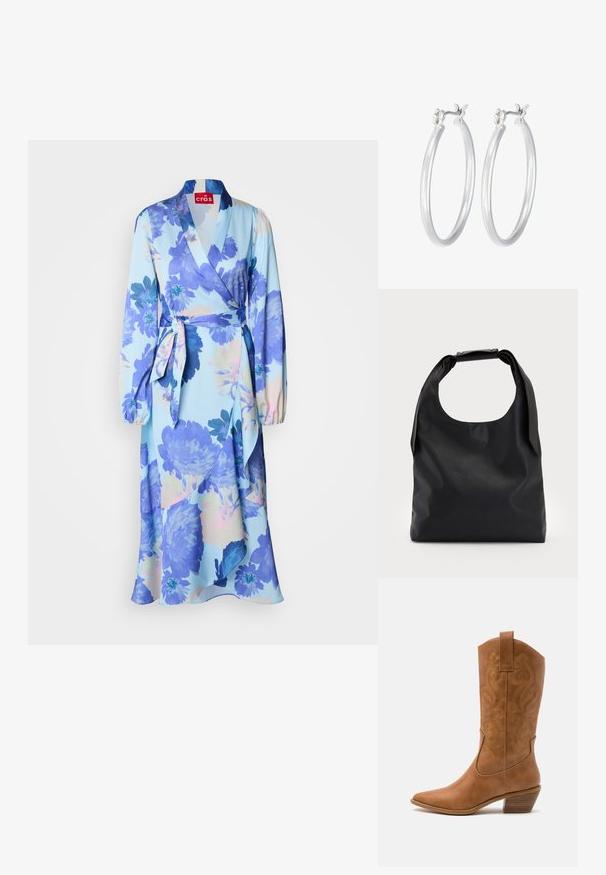 Ziedu apģērbs gaiši zilā krāsā ar lieliem ziliem un pasteļkrāsas ziediem. Garas piedurknes, jostas saišu un plūstoša dizaina ar mīkstu tekstūru.; Brūni ādas kovboju zābaks ar norādītu purngalu, izšūtām viļņveida apakšējo detaļu un sakrautajiem blokiem. Iezīmēts ar velkšanas cilpu ērtai uzvilkšanai.; Melnas ādas rokassoma ar plašu atvērtu augšu un vienu plecu siksnu. Mīksta tekstūra, minimāls dizains, ar smalkiem metāla aksesuāriem.; Sudraba riņķveida auss gredzeni ar gludu, pulētu apdari. Apaļa forma un drošs klikšķa augšējais slēgums. Viegls dizains, kas piemērots ikdienas valkāšanai.