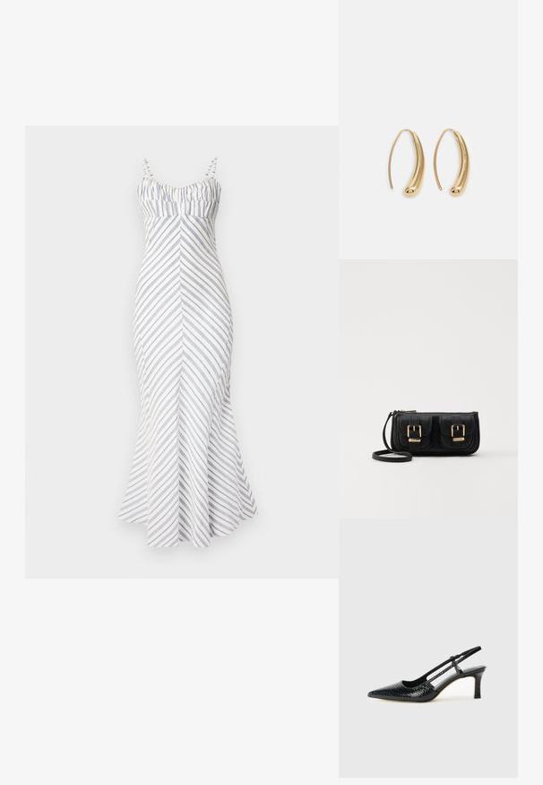 Balta, prigludusi midi suknelė be petnešėlių, su mėlynomis įstrižinėmis juostelėmis. Turinti surinkto korseto dizainą, baigiasi plišimu ir turi reguliuojamas petnešėles. Glotni tekstūra.; Juodai lakuoti slingback aukštakulniai su smailiu nosiu, su tekstūruotu gyvatės raštu, reguliuojama juosta ir trumpu, tekstūruotu blokiniu kulnu.; Juodas odinis per petį nešiojamas krepšys su dviem priekiniais kišenėmis, auksiniais sagtimis, užtrauktuko uždarymu ir siauromis petnešomis. Textūruota paviršius ir kompaktiškas stačiakampis formatas.; Auksinės metalinės auskarų kabės su lenktą, pailgą forma. Turi lygų, blizgantį paviršių ir užapvalintą galiuką papildomam akcentui.