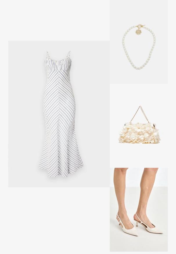 Abito midi aderente senza spalline di colore bianco con strisce diagonali blu. Caratterizzato da un corpetto arricciato, orlo svasato e spalline regolabili. Tessuto liscio.; Tacchi slingback in pelle lucida beige con punta affusolata e tacco di 5 cm, caratterizzati da lati traforati e una sottile fascia alla caviglia.; Borsa a mano floreale bianca con superficie in tessuto arricciato, tracolla in catena dorata e chiusura in metallo. Presenta petali testurizzati per un tocco di dettaglio in più.; Lauren Ralph Lauren COLLAR - Collana - gold-coloured/white