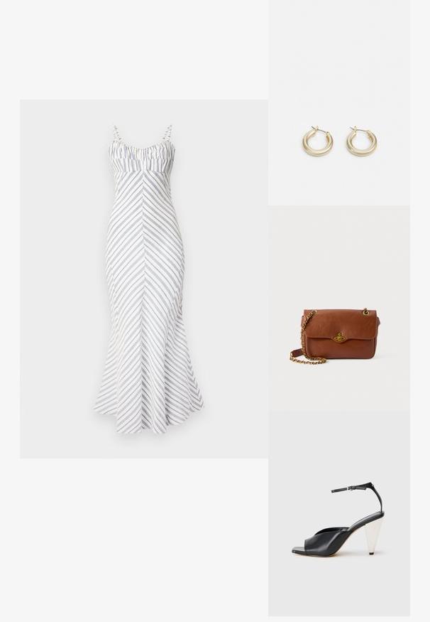 Stropeløs, tætsiddende midi-kjole i hvid med blå diagonale striber. Har sammensamlet buste, udvidet kant og justerbare stropper. Glat tekstur.; Sort læder højhælede sandaler med åben tå, asymmetrisk design, ankelrem og en metallisk kegleformet hæl. Glat tekstur hele vejen igennem.; Brun læder crossbody taske med klaplukning, gyldent hardware og kædestrop. Glat tekstur, rektangulær form, minimal detaljering.; Lauren Ralph Lauren BASIC SMALL HOOP - Øreringe - gold-coloured