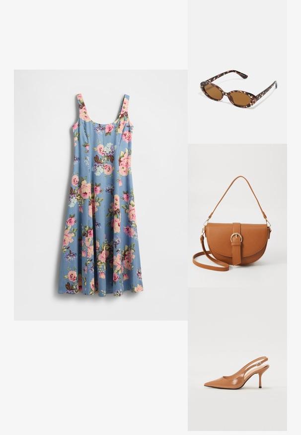 Blomstrete kjole i lyseblå stoff med rosa og lilla blomster. Har tynne stropper og en vid silhuett, myk tekstur.; Spiss tå slingback hæl i et glat, glinsende brunt materiale. Har et buet utskårent design og en slank stilett hæl. Sølvspenne detalj.; Skilpaddeskall solbriller med ovale linser, brunfargede, tynne stenger med teksturert mønster, lett plastisk ramme.; Brun lærcrossbody-veske med en buet form, gullhardware og et spenneakcent. Har en avtakbar skulderreim.