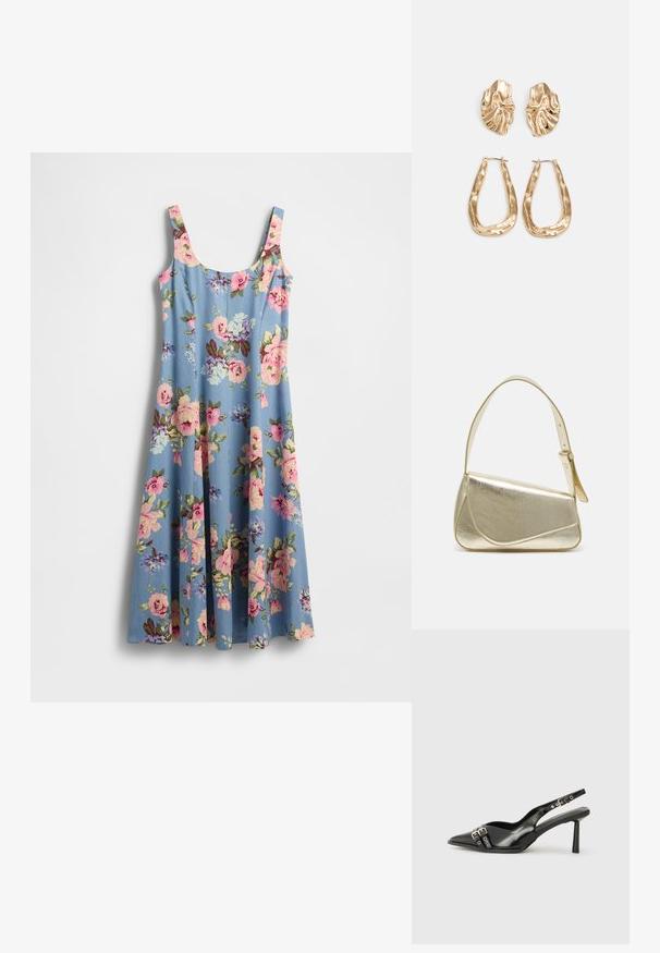 Blomstrete kjole i lyseblå stoff med rosa og lilla blomster. Har tynne stropper og en vid silhuett, myk tekstur.; Sorte patentlær slingback-sko med spiss tå, ankelremmer med sølvspenner og detaljer, og en slank hæl.; Gullfarget metallisk håndveske med en strukturert design, glatt tekstur og justerbar stropp. Har en unik trekantet form og minimalistisk søm.; Gullfargede øredobber med teksturerte, bølgete former. Inkluderer skulpturelle klipsstuds og åpen hoop-design med en hamret finish.