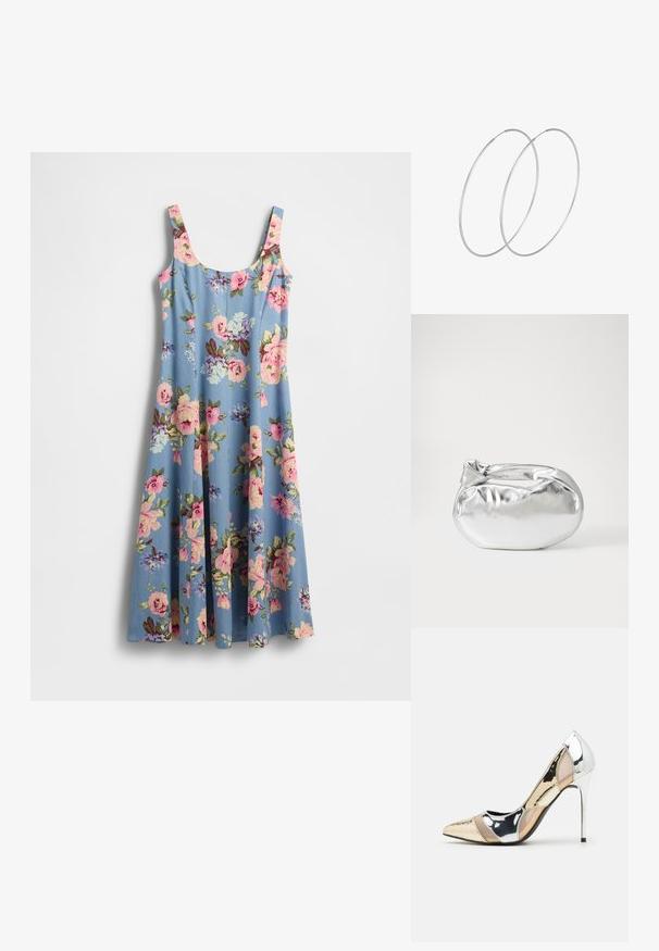Kvetinové šaty z ľahkej svetlomodrej látky s ružovými a fialovými kvetmi. Majú tenké ramienka a rozšírený strih, jemnú textúru.; Lodičky s špičatou špičkou v striebornom, zlatom a telovom farebnom prevedení. Lesklý povrch s výrezovým dizajnom, s ihlovým opätkom.; Strieborná metalická taška s mäkkým, zaobleným tvarom a uzáverom s uzlíkom. Vyrobená z hladkej syntetickej kože.; Strieborné kruhové náušnice s minimalistickým dizajnom. Cirkulárny tvar, hladký povrch a tenký profil. Ľahké s lesklým povrchom.