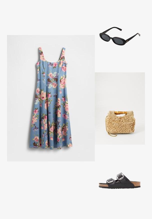 Kvetinové šaty z ľahkej svetlomodrej látky s ružovými a fialovými kvetmi. Majú tenké ramienka a rozšírený strih, jemnú textúru.; Čierne sandále s dvoma nastaviteľnými popruhmi, striebornými prackami a korkovou stielkou na štruktúrovanej čiernej gumovej podrážke.; Čierne oversized slnečné okuliare s oválnymi šošovkami, hladkým plastovým rámom a zlatými akcentmi na straniciach. Tmavé šošovky poskytujú ochranu pred slnkom.; Tkaná slamená kabelka s bambusovými rúčkami, s textúrovaným strapcovým dizajnom v prírodnej béžovej farbe a zlatým reťazovým popruhom.