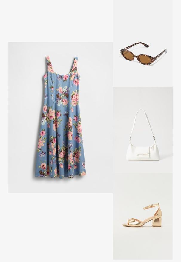 Blomstrete kjole i lyseblå stoff med rosa og lilla blomster. Har tynne stropper og en vid silhuett, myk tekstur.; Gullmetalliske blokkhæl sandaler med ankelsnor, åpen tå-design og jevn overflate. Enkle og elegante stiler.; Skilpaddeskall solbriller med ovale linser, brunfargede, tynne stenger med teksturert mønster, lett plastisk ramme.; Hvit syntetisk håndveske med trekantet form, flat klaff foran og sløyfe detaljer, justerbar stropp, glatt tekstur og minimalistisk design.