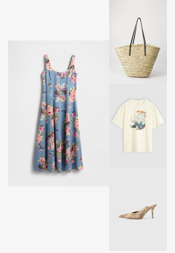 Cvetlična obleka iz svetlo modrega blaga z rožnatimi in vijoličnimi cvetovi. Ima tanke naramnice in razširjen kroj, mehka tekstura.; Bela bombažna majica z grafiko kavbojk in klobuka. Kavbojke so modre z rumenimi detajli in belimi poudarki.; Čevlji s peto in odprtim zadnjim delom z pointed-toe obliko v teksturiranem vzorcu kačjega usnja v bež in rjavih tonih; imajo stileto peto in izrezane stranice.; Tkana slamnata torba z široko, konusno obliko, ki ima dva črna usnjena ročaja. Naravna bež barva z teksturo.