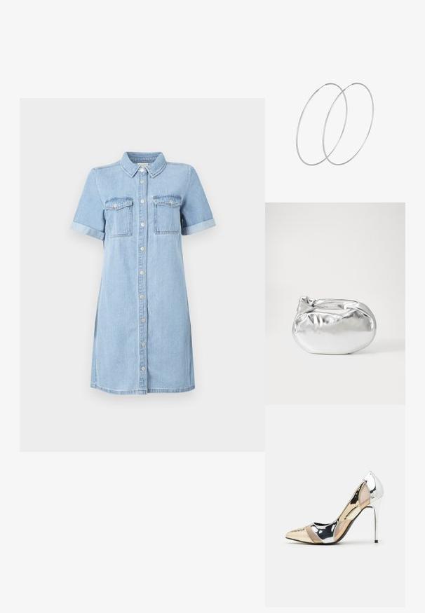 Vaaleansininen farkkimekko, jossa on lyhyet hihat, nappi edessä, kaksi rintataskua ja käännetyt hihat. Suora leikkaus ja sileä rakenne.; Korkokenkät, joissa on terävä kärki ja hopea, kultainen sekä nude-väriyhdistelmä. Kiiltävä pinta ja leikkausdesign, varustettuna stikettikorkealla.; Hopeapintainen metallinen pussilaukku, jolla on pehmeä, pyöreä muoto ja solmittava yläosa. Valmistettu sileästä tekonahkamateriaalista.; Hopehope hopeilla, joissa on minimalistinen muotoilu. Pyöreä muoto, sileä pinta ja ohut profiili. Kevyet ja kiillotetut.