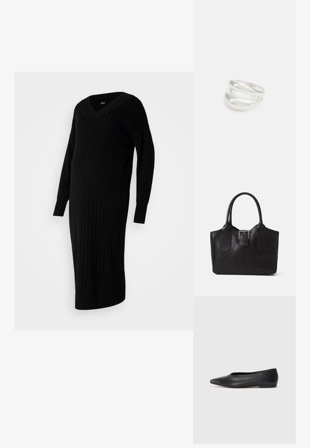 Must mustriba kootud kleit V-kaelusega, pikkade varrukatega ja külgmise lõhikuusega. Omab mugavuse tagamiseks liibuvat siluetti.; Musthave mustris balletkingad, terav nina, minimaliseeritud disain, sile pind, madal konts, ilma nähtava riistvara või kaunistusteta.; Mustgamma nahast kott, millel on sile tekstuur, struktureeritud kuju, kaks käepidet ja esiküljel silmapaistev hõbedane pandla detail.; Hõbedane kahekordne rõngas sujuva, poleeritud pinnaga. Omab voolavat, kõverat disaini, millel on kattuvad sektsioonid, et saavutada kaasaegne ilme.