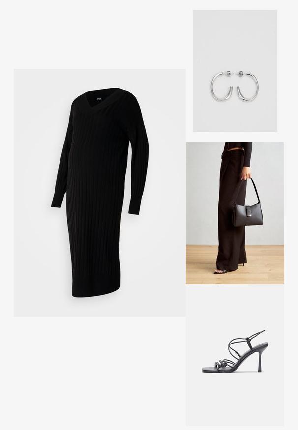 Melnas ribotās trikotāžas kleitas ar V veida kakla izgriezumu, garām piedurknēm un sānu šķēlumu. Piedāvā pielāgotu siluetu, kas paredzēta ērtībai.; Melnas augstpapēžu sandales ar plāniem siksniņām un mezgla dizainu, gluda kvadrātveida purngalu un elegantu stiletto papēdi.; Melnā somiņa ar strukturētu formu, gludu tekstūru un metālu sprādzi. Saskaņota ar platām melnām biksēm un sandālēm ar atvērtu purngalu uz koka grīdas.; Sudraba stīpas auskari ar gludu, spīdīgu virsmu, izceļas ar izliektaveida formu un aizdari ar tapu. Minimālistisks dizains ar mūsdienīgu apdari.