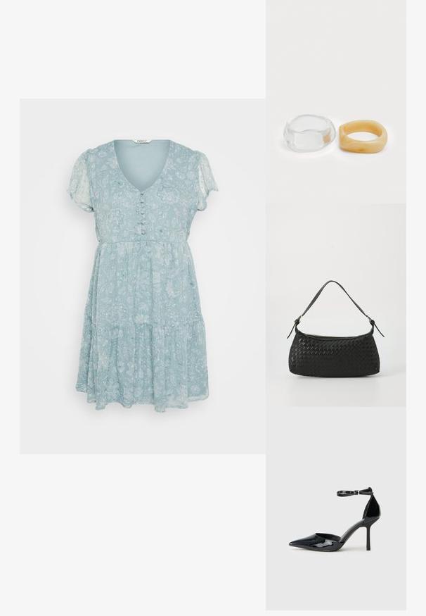 Vestido floral azul claro com mangas curtas e bufantes, decote em V, detalhes em botões e um design de saia em camadas, feito de um tecido leve e macio.; Sapata de salto alto de verniz preto com bico apontado, correia no tornozelo e salto stiletto esguio; textura suave e brilhante e design minimalista.; Bolsa de ombro preta entrelaçada com alça de couro lisa e fecho com zíper. Apresenta uma superfície texturizada e forma curvada.; Anéis de resina clara e âmbar, um liso e transparente, o outro com um acabamento texturizado em âmbar. Ambos apresentam designs arredondados e robustos.