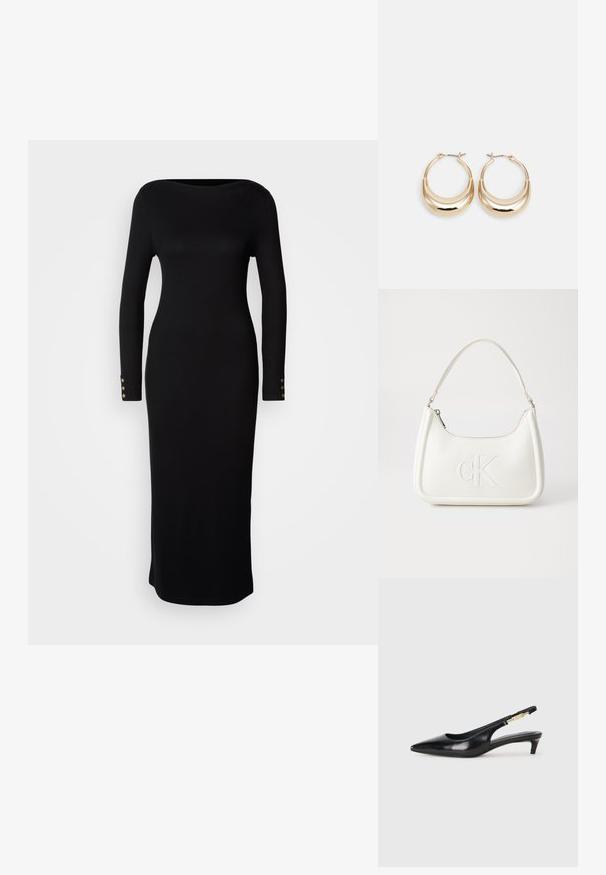 Černé žebrované šaty s dlouhým rukávem a lodním výstřihem, přiléhavého střihu, s akcenty zlatých knoflíků na rukávech. Hladká textura.; Černé kožené boty na podpatku s otevřenou patou a špičatou špičkou, s tenkým podpatkem a zlatým akcentem na nastavitelném pásku. Hladký povrch.; Bílá kožená kabelka s křivkovým tvarem, na přední straně s vyraženým logem "CK" a jediným ramenním popruhem. Zipový uzávěr na vrchu.; Náušnice ve tvaru kroužku zlaté barvy s půlměsícovým tvarem, lesklým povrchem a závěrečným uzávěrem. Hladká textura a reflexní povrch zvyšují viditelnost.
