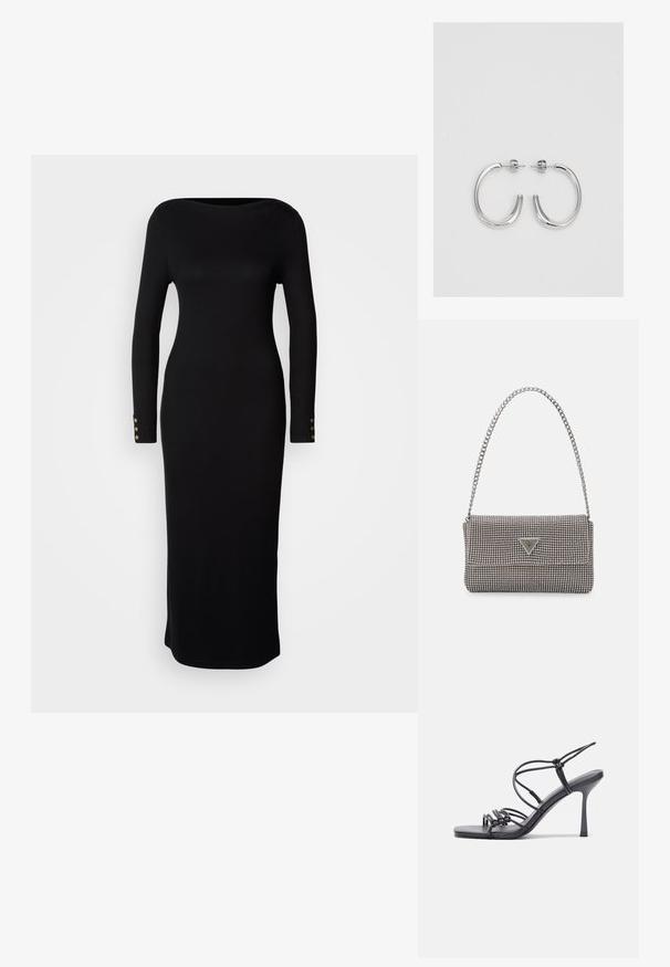 Rochie neagră, cu mânecă lungă și detaliu în formă de barcă, cu o siluetă ajustată, având accente cu butoane aurii pe mâneci. Textură fină.; Sandale negre cu toc înalt au curele subțiri cu un design legat, un vârf pătrat neted și un toc stiletto elegant.; Geantă metalică gri deschis, cu un strap din lanț, decorată cu mici ținte circulare metalice și un logo de marcă triangular.; Cercei rotunzi din argint cu un finisaj neted și strălucitor. Design ușor, având o formă rotundă și închidere cu tijă.