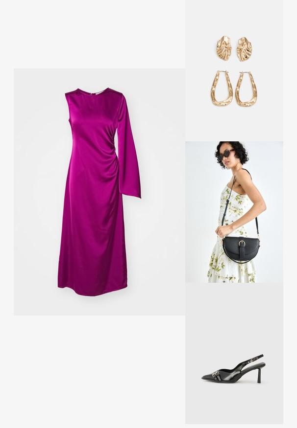 Garais piedurkņu fuksijas kleitas no gluda, satīna materiāla. Izceļas ar piekārtu sānu viduklī un vienkāršu apaļu dekoltē.; Melnā patentēta ādas sandale ar norādītu purngalu, potītes siksniņām ar sudraba sprādzēm un aparatūru, kā arī smalku papēdi.; Melnas ādas rokassoma ar izliekta formu, noņemamu siksnu un zelta aksesuāriem. Somai ir vāciņš ar sprādzes detaļu.; Zelta krāsas auskari ar teksturētām, viļņotām formām. Iekļauts skulpturāls piespraužams modelis un atvērta gredzenveida konstrukcija ar izsistām virsmām.