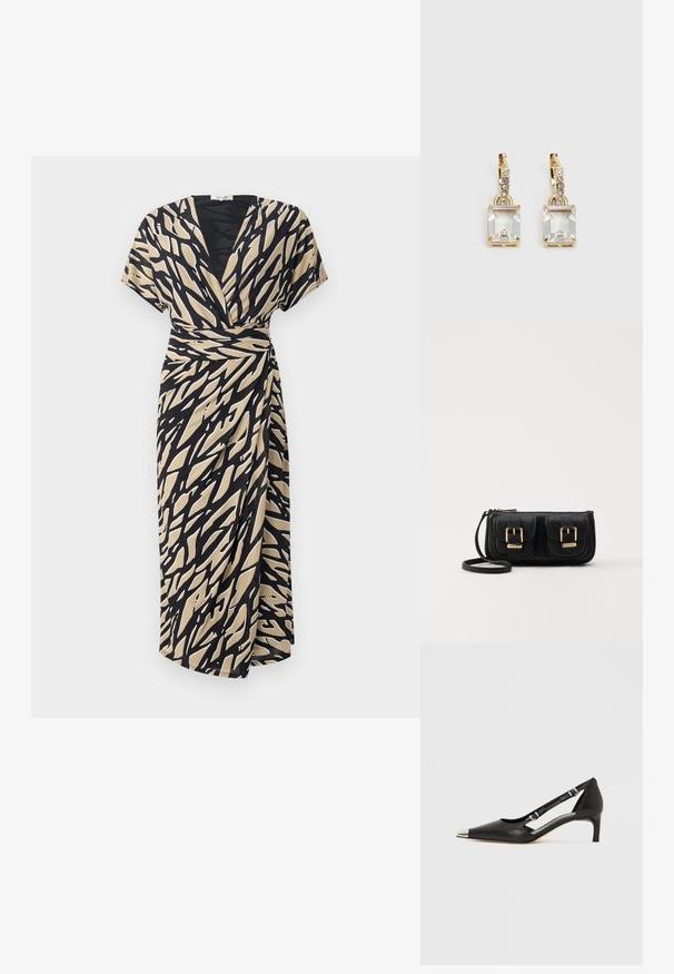 Wrap dress in beige with black abstract pattern, short sleeves, v-neckline, and a side tie detail, made from lightweight fabric.; Black leather kitten heel with pointed silver toe cap and dual buckle straps on a white background.; Black leather crossbody bag with two front pockets, gold buckles, zipper closure, and a slim strap. Textured surface and compact rectangular shape.; Gold-tone earrings featuring a rectangular, clear crystal dangling below a row of small, round clear accents. Sleek, modern design.