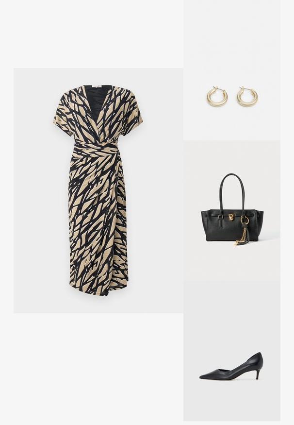 Abito a portafoglio beige con motivo astratto nero, maniche corte, scollatura a V e dettaglio con fiocco laterale, realizzato in tessuto leggero.; Décolleté in pelle nera con punta affusolata e tacco basso. Presenta una texture liscia e una lucentezza sottile. Taglio aperto sulla parte anteriore per un dettaglio aggiuntivo.; Borsa a mano in pelle nera con doppi manici, lucchetto dorato e dettaglio a catena, accessorio con nappina in bianco e nero su sfondo bianco.; Lauren Ralph Lauren BASIC SMALL HOOP - Orecchini - gold-coloured