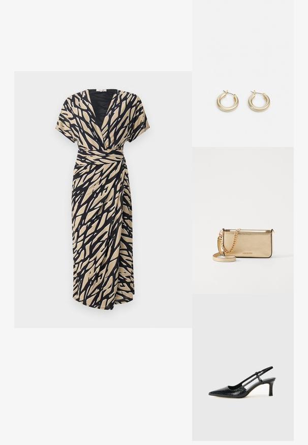 Abito a portafoglio beige con motivo astratto nero, maniche corte, scollatura a V e dettaglio con fiocco laterale, realizzato in tessuto leggero.; Slingback con tacco in vernice nera con punta affusolata, caratterizzato da una stampa a serpente testurizzata, cinturino regolabile e un tacco corto e testurizzato.; Clutch in pelle oro metallizzato con finitura testurizzata, dotata di una tracolla in catena dorata e di una tracolla rimovibile. Logo del marchio impresso.; Lauren Ralph Lauren BASIC SMALL HOOP - Orecchini - gold-coloured