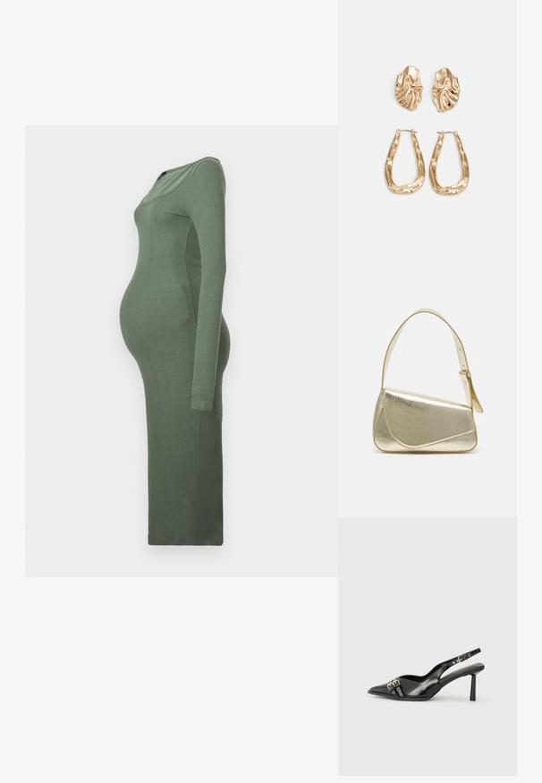 Oblačilo za nosečnice iz mehkega rebrastega materiala, dolgi rokavi, prilega se telesu in ima zeleno barvo. Ponuja kroj z okroglo izrezom in dolžino do tal.; Črne patentne usnjene sandale s koničastim nosom, zankami okoli gležnja s srebrnimi sponkami in opremo ter vitkimi petami.; Zlata metalna torbica z urejenim dizajnom, gladko teksturo in nastavljivim trakom. Ima edinstveno trikotno obliko in minimalistično šivanje.; Zlato obarvani uhani z teksturiranimi, valovitimi oblikami. Vključujejo skulpturalne sponke za ušesa in odprto obliko obročka s kladivastim finišem.