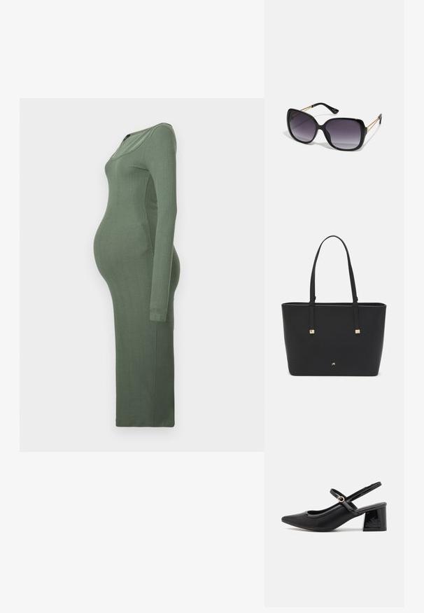 Gravidkjole i mykt, ribbet stoff, lange ermer, tettsittende fasong og grønn farge. Har en rund hals og lang lengde.; Sorte lakk lær slingback hæler med spiss tå, et avrundet utskjæringsdesign og blokkheel. Har en gulltone spenne som detalj.; Sorte oversized solbriller med gradient linser, tykke rammer og detaljering med gulltonekjede på tempelarmene.; Svart totebag laget av syntetisk materiale, med et enkelt rektangulært design, gullfargede firkantede detaljer og doble håndtak.