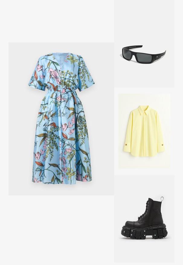 Blå kjole med blomstermotiv, der har lyserøde blomster og grønne blade. Korte ærmer, V-hals, elastisk talje og svajende nederdel. Satinstruktur.; Gul langærmet skjorte lavet af et let stof. Har en klassisk krave og guldknapdetaljer på manchetterne. Glat tekstur.; Sorte læderkampstøvler med høj skaft, snørelukning, kraftig gummisål og metalaccenter på sålens base.; Sorte solbriller med en rektangulær stel, mørkegrå linser og en glat plastoverflade. Bemærkelsesværdig logoaccent på siden.
