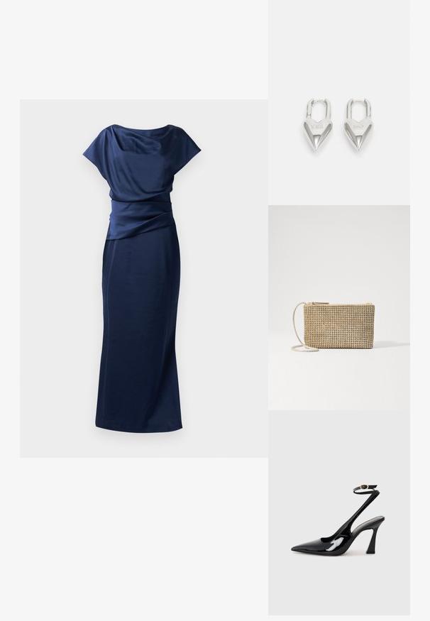 Abito da sera blu navy con scollatura drappeggiata, vita stretta e silhouette attillata che si estende fino al pavimento. Realizzato in tessuto liscio e leggero.; Slingback eleganti in pelle verniciata nera con punta appuntita, cinturino alla caviglia regolabile e tacco quadrato moderato. Texture liscia con finitura lucida.; Loeffler Randall YASMINE FLAT CLUTCH - Borsa a tracolla - gold; Lucchetti a forma di cuore in argento con incisioni "SÌ" e "NO", finitura lucida, design simmetrico e un robusto gancio in metallo.
