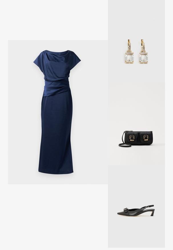 Námořnické modré večerní šaty s volně draped dekoltem, staženým pasem a přiléhavým střihem, který sahá až na zem. Vyrobeno z hladkého, lehkého materiálu.; Černé kožené sandály s úzkou špičkou, malým podpatkem a dekorativní sponou na nártu. Hladký povrch, minimalistický design.; Černá kožená crossbody taška se dvěma předními kapsami, zlatými přezkami, zipovým uzávěrem a štíhlým popruhem. Texturovaný povrch a kompaktní obdélníkový tvar.; Náušnice ve zlatém odstínu s obdélníkovým, průhledným krystalem zavěšeným pod řadou malých, kulatých průhledných akcentů. Elegantní, moderní design.