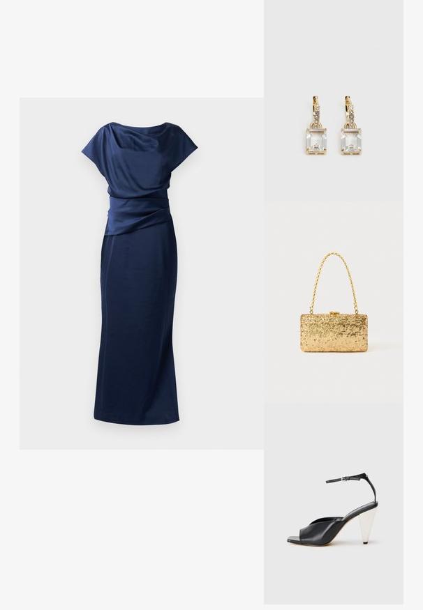 Marineblaues Abendkleid mit drapiertem Oberteil, tailliertem Bund und einer figurbetonten Silhouette, die bis zum Boden reicht. Aus glattem, leichtem Stoff gefertigt.; Schwarze Leder-Hochzehen-Sandale mit offener Zehe, asymmetrischem Design, Knöchelriemen und metallic kegelförmigem Absatz. Glatte Textur über das gesamte Produkt.; Goldene Pailletten-Clutch mit rechteckiger Form, ausgestattet mit einem gedrehten Kettenhenkel und einem Metallverschluss, der das Licht mit einer strukturierten Oberfläche reflektiert.; Ohrringe in Goldfarbe mit einem rechteckigen, durchsichtigen Kristall, der unter einer Reihe kleiner, runder klarer Akzente hängt. Elegantes, modernes Design.