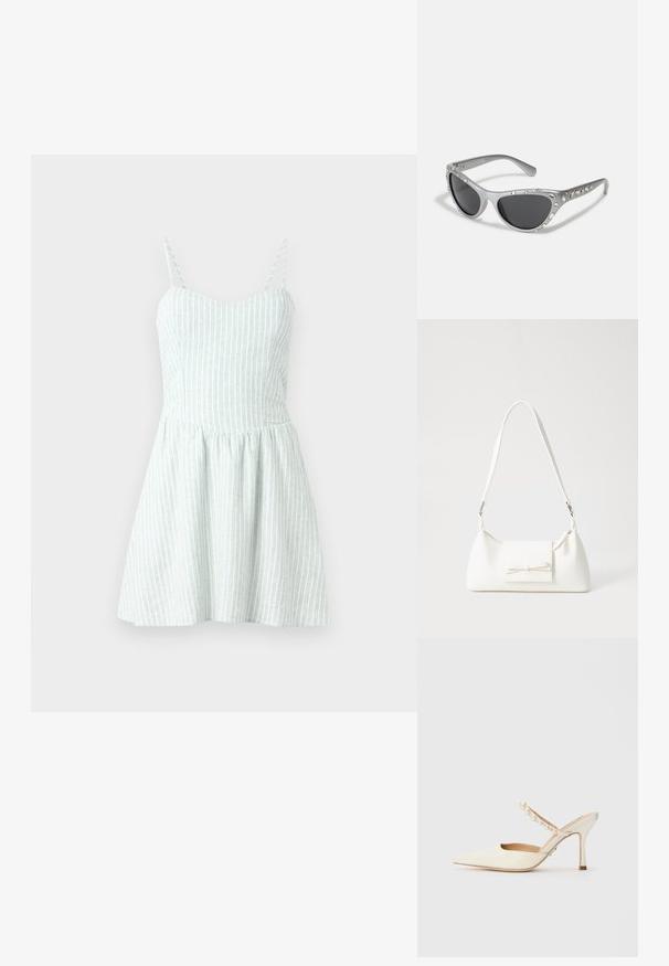 Šviesiai žalia suknelė su baltais vertikaliais dryžiais. Prigludusi liemenė pereina į platų sijoną, demonstruojant textūruotą paviršių.; Steve Madden BRECKI - Pantoletai su kulnu - ivory; Sidabriniai katės akies akiniai nuo saulės su tamsiais lęšiais, puošti aiškiais kristalų akcentais ant rėmelio. Matinė apdaila su lenktomis šventyklų formomis.; Balta sintetinė rankinė trikampio formos, plokščiu priekiu su užsegimu, kaspino detale, reguliuojama dirželiu, lygia tekstūra ir minimalistišku dizainu.