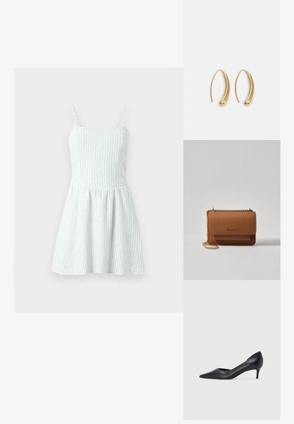 Vestido de alças em tecido verde claro com riscas verticais brancas. O corpete ajustado transita para uma saia evasé, exibindo uma superfície texturada.; Sapato de salto alto preto em pele com bico fino e salto baixo. Apresenta uma textura suave e brilho subtil. Corte aberto na parte da frente para um detalhe adicional.; Bolsa crossbody de couro texturizado castanho com alça de corrente dourada e fecho com aba. A parte da frente apresenta detalhe do logótipo e um bolso sob a aba.; Brincos em metal dourado com forma de arco alongado e curvado. Apresentam uma superfície lisa e brilhante, com uma ponta arredondada para um detalhe adicional.