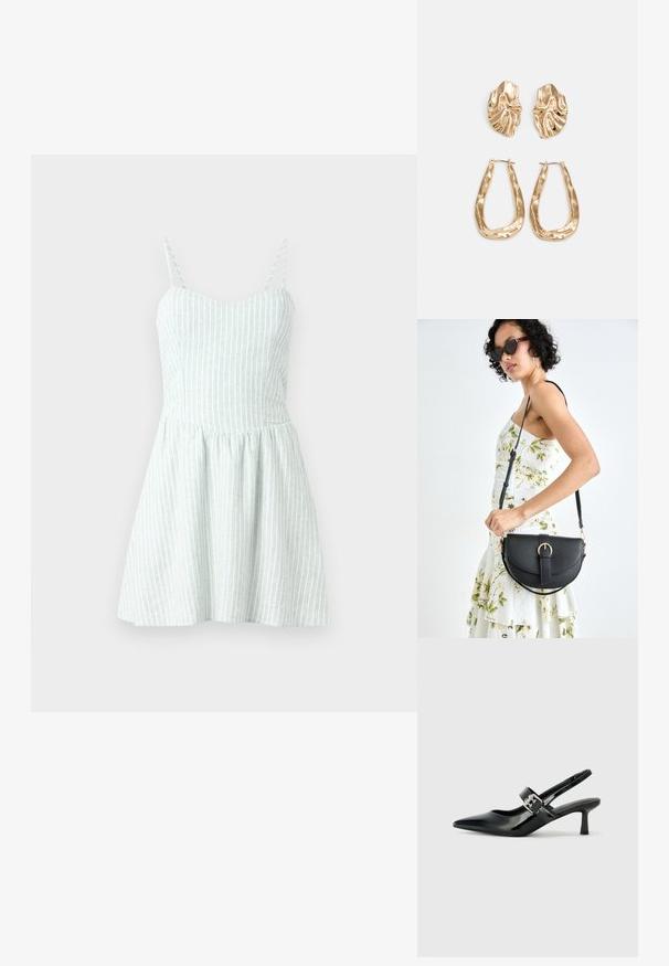 Rochie tip corset dintr-un material verde deschis, cu dungi verticale albe. Bustul ajustat se transformă într-o fustă evazată, evidențiind o suprafață texturată.; Sandale cu toc din piele patent neagră, cu vârful ascuțit și un toc mic bloc, având un accent cu cataramă argintie pe curea.; Geantă din piele neagră, cu o formă curbată, curea detașabilă și accesorii aurii. Geanta are un capac cu un detaliu tip cataramă.; Cercei aurii cu forme texturate și ondulate. Include studs sculpturale cu clip și un design de cerc deschis cu un finisaj cioplit.