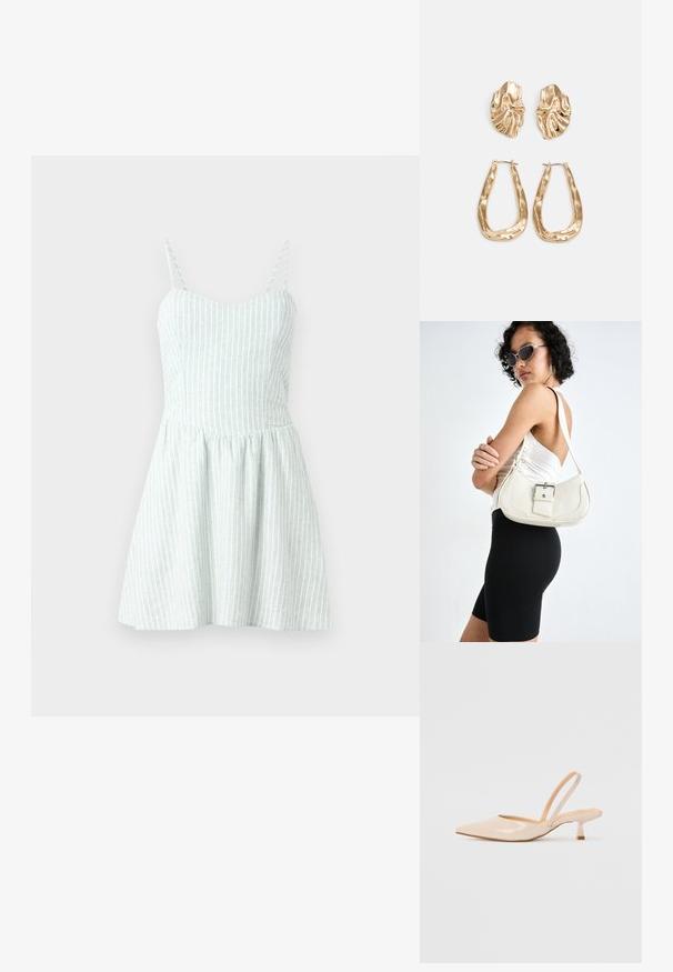 Popruh dress v svetlozelenej látke s bielymi vertikálnymi pruhmi. Obopínajúca korzet prechádza do rozšírenej sukne, ktorá zobrazuje textúrovaný povrch.; Bežové lakované sandále na podpätku so špicatou špičkou a štíhlym, štvorcovým podpätkom. Hladká textúra a minimalistický dizajn bez ozdôb.; Biely kožený kabelka s zakriveným tvarom, nastaviteľným popruhom a malým detailom pracky. Model nosí priliehavý čierny outfit.; Náušnice v zlatej farbe s textúrovanými, vlnitými tvarmi. Obsahujú sochárske klipsové náušnice a otvorený tvar krúžku s kladivkovým povrchom.