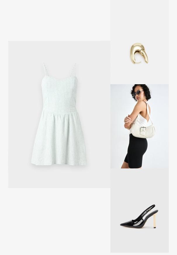 Šviesiai žalia suknelė su baltais vertikaliais dryžiais. Prigludusi liemenė pereina į platų sijoną, demonstruojant textūruotą paviršių.; Juodas patentuotas odos aukštakulnis batelis su smailiu kojų pirštu ir auksinės spalvos kvadratiniu kulno akcentu. Ilgesnis reguliuojamas kulkšnies dirželis.; Balta odinė rankinė su kreiva forma, reguliuojama dirželiu ir mažu sagties akcentu. Modelis vilki priglundančius juodus drabužius.; Aukso tono metalinės auskarai su stilingu, kreiviu dizainu. Išsiskiria ryškiu smailiu pavidalu, poliruota paviršiumi ir užsegimu su vyriu.