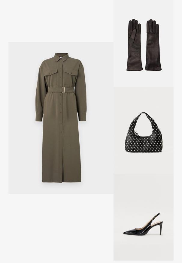 Olivenfarvet skjorte kjole med lange ærmer, knaplukning foran, to brystlommer og taljebælte med en rektangulær guldspænde.; Sort patenteret læder slingback stiletto med spids tå, slank hæl og et subtilt udskæringsdesign. Har en gylden spænde på remmen.; Sort læderhåndtaske med et buet håndtag, udført med et mønster af metalnitter jævnt fordelt over overfladen. Lynlåslukning.; Weekend Max Mara SENAPE - Handsker - nero