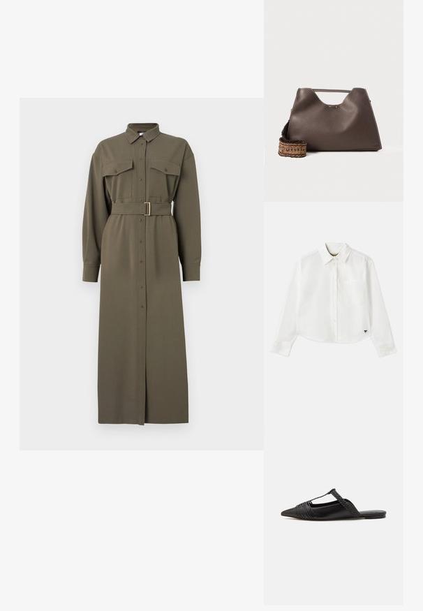 Alyvuogių žalios spalvos marškinių suknelė su ilgomis rankovėmis, mygtukų priekyje, dviem krūtinės kišenėmis ir liemens diržu su stačiakampiu auksiniu užsegimu.; Baltas trumpas ilgos rankovės marškinėliai, pagaminti iš medvilnės. Turintys sagų priekį, krūtinės kišenę ir mažą juodą logotipą apačioje kairėje pusėje.; Juodos odinės slingback bateliai su smailiu pirštu, turintys audinį akcentą ir raukšlėtą viršutinį dizainą. Lygus padas su minimaliais aksesuarais.; Ruda odinė rankinė su tekstūruotu paviršiumi, kampuota forma ir išskirtiniu viršutiniu rankena. Yra raštuota pintinė diržo detalė.