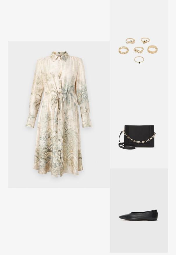 Abito camicia color crema con stampa botanica, caratterizzato da maniche lunghe, chiusura a bottoni, vita con cintura e una morbida struttura setosa.; Ballerine in pelle nera, punta affusolata, design minimalista, texture liscia, tacco basso, senza hardware o decorazioni visibili.; Borsa a tracolla nera in pelle con una texture liscia, forma rettangolare e dettaglio in catena metallica sul davanti. Inclusa una tracolla regolabile.; Set di sei anelli d'oro con vari design: intrecciati, motivi a foglia e fasce solide; alcuni con accenti di pietre preziose verdi.