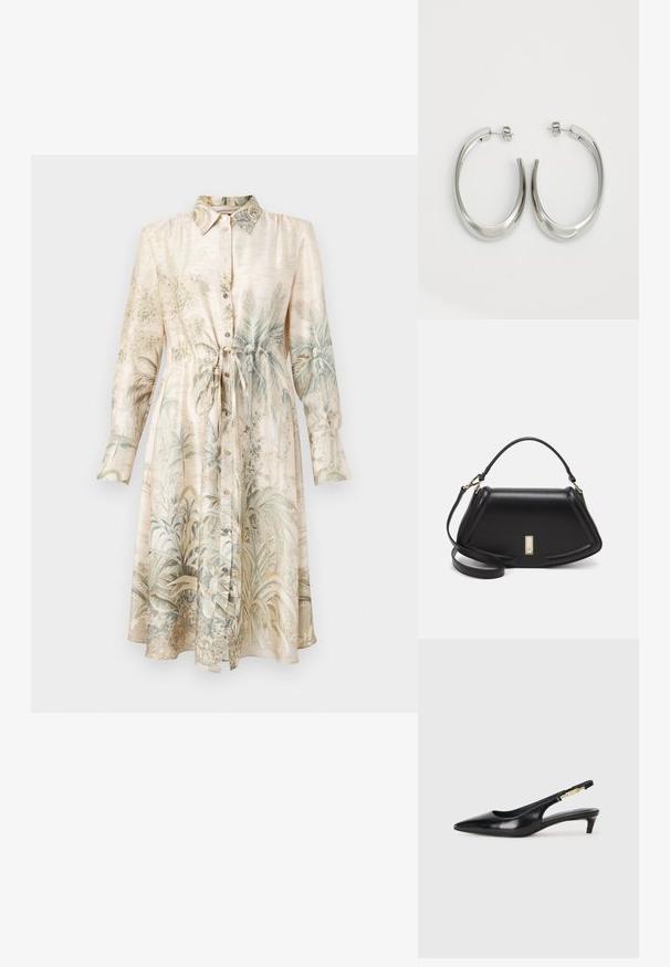 Crème-kleurige shirtjurk met botanische print, voorzien van lange mouwen, knoopsluiting, strikceintuur en een zachte, zijden textuur.; Zwarte leren slingback hakken met een spitse neus, voorzien van een slanke hak en een goudkleurige accent op de verstelbare band. Gladde textuur.; Zwarte leren handtas met een gestructureerd ontwerp, featuring een verkorte vorm, bovenhandvat en gouden hardwareaccent. Inclusief verstelbare schouderband.; Zilveren oorringen met een gladde, gebogen vorm. Voorzien van een glanzende metallic afwerking en studsluiting. Geen zichtbare patronen of accenten.