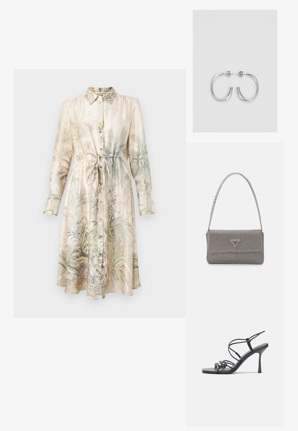 Abito camicia color crema con stampa botanica, caratterizzato da maniche lunghe, chiusura a bottoni, vita con cintura e una morbida struttura setosa.; Sandali neri con tacco alto presentano sottili cinturini con design annodato, una punta quadrata liscia e un elegante tacco a spillo.; Borsa a mano metallica grigia chiara con tracolla a catena, impreziosita da piccoli chiodi metallici circolari e da un logo triangolare del marchio.; Orecchini a cerchio in argento con una finitura liscia e lucente. Forma arrotondata, design leggero, con chiusura a perno.