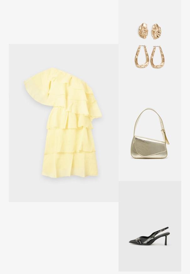 Rochie galbenă cu volane, cu un design pe un umăr, având straturi în mai multe niveluri și un material texturat. Apărea ușoară și aerisită.; Pantofii slingback din piele lăcuită neagră, cu vârf ascuțit, bretele pentru gleznă cu catarame și accesorii din argint, și un toc subțire.; Geantă de umăr metalică aurie cu un design structurat, textură netedă și curea reglabilă. Prezintă o formă triangulară unică și cusături minimaliste.; Cercei aurii cu forme texturate și ondulate. Include studs sculpturale cu clip și un design de cerc deschis cu un finisaj cioplit.