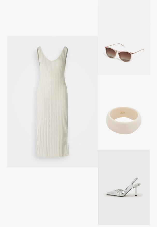 Knit dress in off-white, featuring a scoop neckline, sleeveless design, and vertical ribbed texture. Falls below the knee.; Silver slingback high heel shoe with a pointed toe, metallic finish, two decorative straps, and a slender heel with a black tip.; Brown gradient sunglasses with a translucent pink frame, square shape, and thin metal arms. Features rounded edges and minimal detailing.; Glossy beige bangle made of smooth resin. Rounded shape with a uniform surface and a small gold logo on the interior.