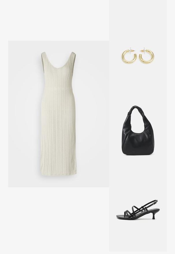 Robe en maille ivoire, avec un col rond, sans manches et une texture à côtes verticales. Tombe sous le genou.; Sandales à talons noirs avec plusieurs brides entrecroisées. Matériau lisse, bout pointu et talon étroit. Bride de cheville ajustable avec boucle.; Sac hobo noir en matériau semblable à du cuir, avec une anse torsadée, arborant une forme douce et arrondie, et une fermeture zippée sur le dessus.; Boucles d'oreilles en or avec une finition lisse et brillante. Design circulaire présentant un petit clou et une attache transparente pour un port sécurisé.