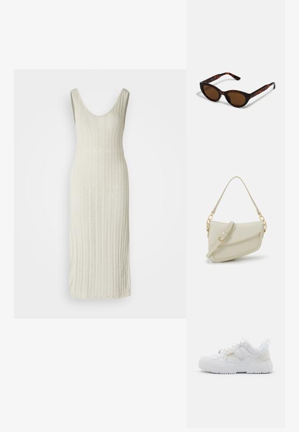 Vestido de malha em branco sujo, com decote arredondado, design sem mangas e textura ribada vertical. Cai abaixo do joelho.; Ténis brancos com um design robusto, apresentando materiais em pele e sintéticos, detalhes texturizados, atacadores e um logótipo destacado em dourado.; Óculos de sol tortoiseshell castanhos com um formato vintage de olho de gato e lentes castanhas. Apresenta braços curvados com acentos vermelhos.; Pequena bolsa de creme com um acabamento texturizado, uma alça longa ajustável, um detalhe em corrente e um fecho de aba. Detalhes em hardware dourado.; Brincos em argola dourados com um acabamento liso e brilhante. Design circular com um pequeno pino e suporte transparente para um uso seguro.