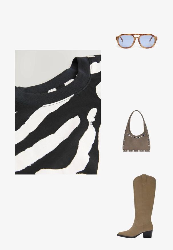Zwarte t-shirt met korte mouwen, voorzien van een wit zebra-streep patroon, gemaakt van gladde katoenstof met een ronde halslijn en gestikte randen.; Kniehoge tan suède laarzen met een puntige neus, een gestapelde hak en stiksel details langs de zijkanten. Smooth texture en gestructureerd ontwerp.; Schildpadbril met blauwe lenzen, hoekig ontwerp, dikke rand en uitsparing voor de neusbrug; met een gouden accent op de poot.; PULL&BEAR SHOPPER - Shopper - grey