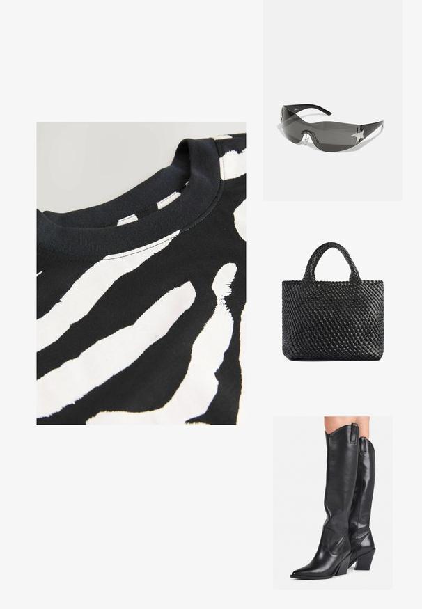 Musta lyhythihainen t-paita, jossa on valkoinen seeprahaitakuviota, valmistettu sileästä puuvillakankaasta, jossa on pyöreä pääntie ja ommellut reunat.; Mustat nahkaiset polven yli saappaat, joissa on terävä kärki, kaareva varsiosa ja paksu korko. Saappaissa on sileä pinta ja vetoketjut ylhäällä.; Musta aurinkolasit, joissa on ympäröivä muotoilu, tummat tummennuslinssit, kiiltävät tähtimuotoiset koristeet ja säädettävät nenätyynyt.; Mustakudottu kassi kahdella kahvalla, jossa on tekstuuri pinta ja suorakulmainen muoto. Yksinkertainen, ainutlaatuinen muotoilu ilman näkyvää metalliosaa.