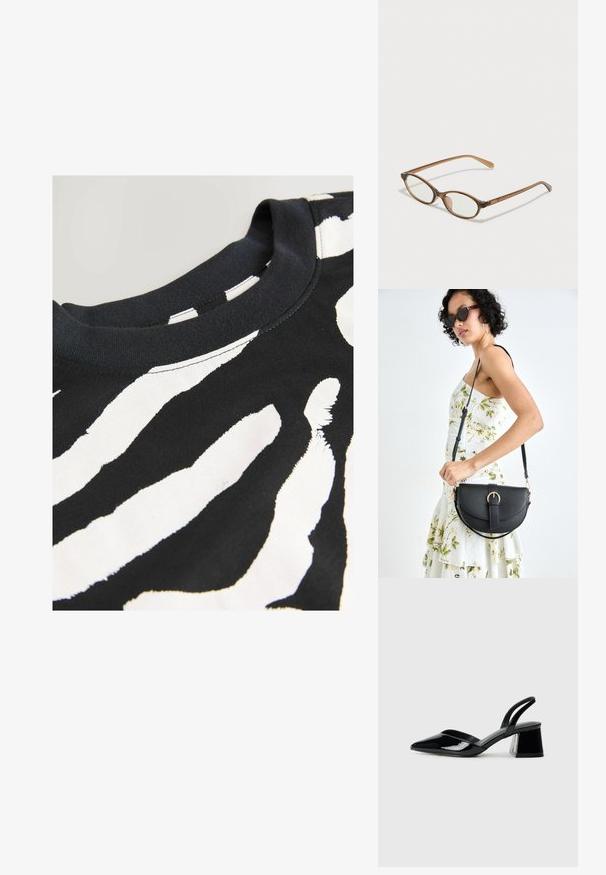 Sort kortærmet t-shirt med et hvidt zebrastribemønster, lavet af glat bomuldsstof med rund halsudskæring og syede kanter.; Sorte patentlæder slingback hæle med spids tå og en geometrisk blok hæl. Har et elegant, minimalistisk design og en glat tekstur.; Brune skildpaddemønstrede briller med ovale linser, tynde arme og gennemsigtige accenter. Har et diskret logo på stangen. Slankt, let design.; Sort læderhåndtaske med en buet form, aftagelig rem og guldfinish. Tasken har en klap med en spænde detalje.