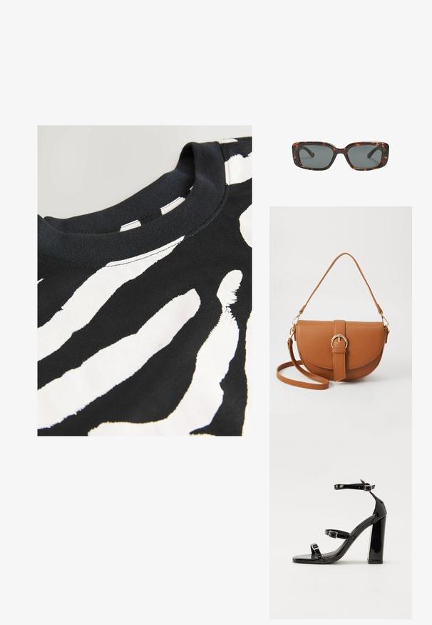 Čierne tričko s krátkym rukávom s bielym zebrovým pruhovaním, vyrobené z hladkej bavlnenej látky s okrúhlym výstrihom a prešitými okrajmi.; Čierne lakované sandále na podpätku so štvorcovou špičkou, navlečenými remienkami okolo členku a striebornými prackami. Disponujú masívnym blokovým podpätkom pre stabilitu.; Rámiky slnečných okuliarov v štýle korytnačiny s obdĺžnikovými šošovkami, hrubými rámami a tmavými tónovanými šošovkami. Hladký povrch a minimalistický dizajn.; Hnedá kožená kabelka cez telo s zakriveným tvarom, zlatými kovovými doplnkami a akcentom s prackou. Obsahuje odnímateľný ramenný popruh.