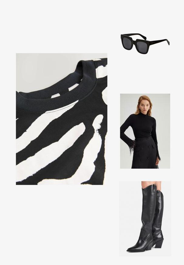 Fekete, rövid ujjú póló, fehér zebra csíkos mintával, sima pamut anyagból készült, kerek nyakkivágással és varrott szélekkel.; Fekete, hosszú ujjú blúz álló gallérral és tollas részletekkel az ujjak végén, amelyet egy magas derekú fekete szoknyával párosítottak, nagy gombokkal.; Fekete bőrcipő, térdig érő, hegyes orral, ívelt szárral és masszív sarokkal. Simás textúrával rendelkezik, és a tetején húzófülek találhatók.; Fekete téglalap alakú napszemüveg vastag műanyag kerettel és sötét lencsékkel. A szárak letisztultak, fényes felületűek és minimális márkázással rendelkeznek.; Fekete bőr táska ívelt kialakítással, arany színű fémrészletekkel és felső fogantyúval. Csúszásmentes záródás és sima textúra jellemzi.