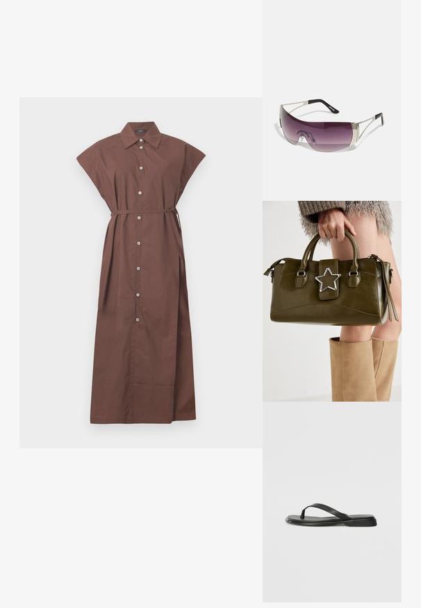 Abito marrone con bottoni, colletto, maniche corte, cintura in vita e un design lungo e fluido. Tessuto in cotone morbido.; Infradito neri in pelle liscia, con un design a fascia sottile e una suola piatta dal profilo minimale. Nessun motivo o accento particolare.; Occhiali da sole con una grande lente curva viola, accenti in metallo argentato e astine nere con logo. Dettagli testurizzati sulla montatura sono visibili.; Borsa a mano in similpelle verde oliva con accentatura a stella argentata, manici doppi e chiusura con zip. Superficie testurizzata e forma strutturata.