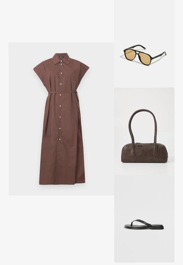 Pruun nööpidega kleit, millel on krae, lühikesed varrukad, vöökoht ja pikk, voolav disain. Sile puuvillane kangas.; Musta sussumood, mis on valmistatud siledast nahast. Sellel on õhuke rihma disain ja lame tald minimaalsete joontega. Mingeid silmatorkavaid mustreid või aktsente ei ole.; Mustad pruunide läätsedega mustad prillid; ristkülikukujuline kuju paksu raamiga, sealhulgas peened metallist aksessuaarid templites.; Pruunist nahast käsipagas kahe tugeva käepidemega, kandiline kuju, sile tekstuur ja tõmblukuga sulgemine. Minimalistlik disain, ilma nähtavate mustriteta.