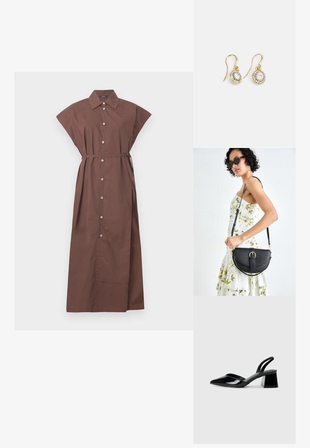 Abito marrone con bottoni, colletto, maniche corte, cintura in vita e un design lungo e fluido. Tessuto in cotone morbido.; Décolleté in vernice nera con punta affusolata e tacco in geometria cubica. Presentano un design elegante e minimalista, con una texture liscia.; Borsa a tracolla nera in pelle con una forma curva, manico rimovibile e accessori dorati. La borsa presenta una patta con un dettaglio a fibbia.; Orecchini color oro con cristalli trasparenti di forma ovale circondati da pietre più piccole e trasparenti, dotati di un design a gancio per una vestibilità sicura.