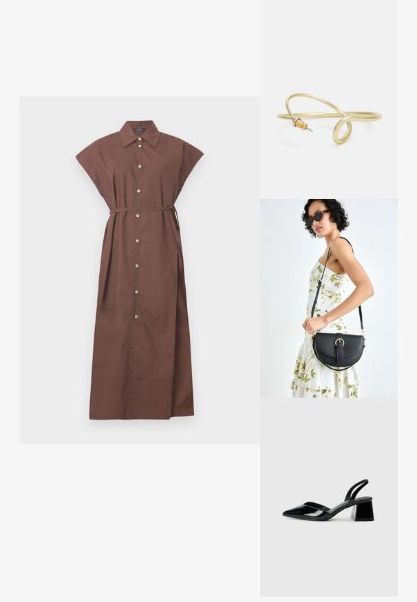 Brūns pogu kleita ar apkakli, īsām piedurknēm, jostu viduklī un garu, plūstošu dizainu. Gluda kokvilnas audums.; Melna lakota āda ar atvērto papēdi, ar smailu purngalu un ģeometrisku blokpapēdi. Iezīmējas elegants, minimāls dizains un gluda tekstūra.; Melnas ādas rokassoma ar izliekta formu, noņemamu siksnu un zelta aksesuāriem. Somai ir vāciņš ar sprādzes detaļu.; Zelta krāsas metāla aproce ar šķidrām, viļņveidīgām formām. Vienā galā ir neliels, izteikts sudraba krāsas akcents.